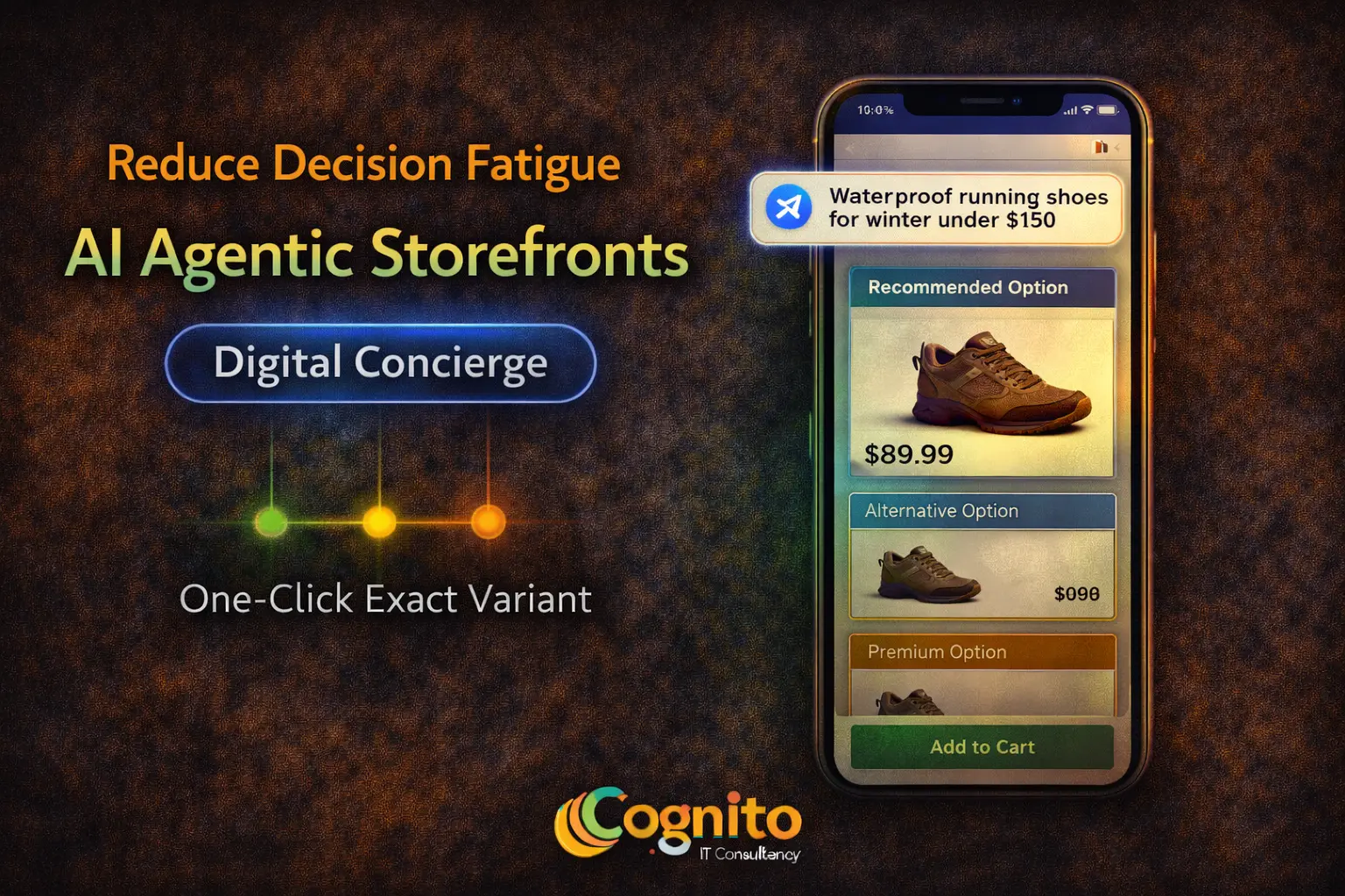 Landscape Cognito IT Consultancy graphic showing AI Agentic Storefronts as a digital concierge, featuring a mobile mockup guiding a shopper to the exact product variant with reduced filters and minimal navigation.
