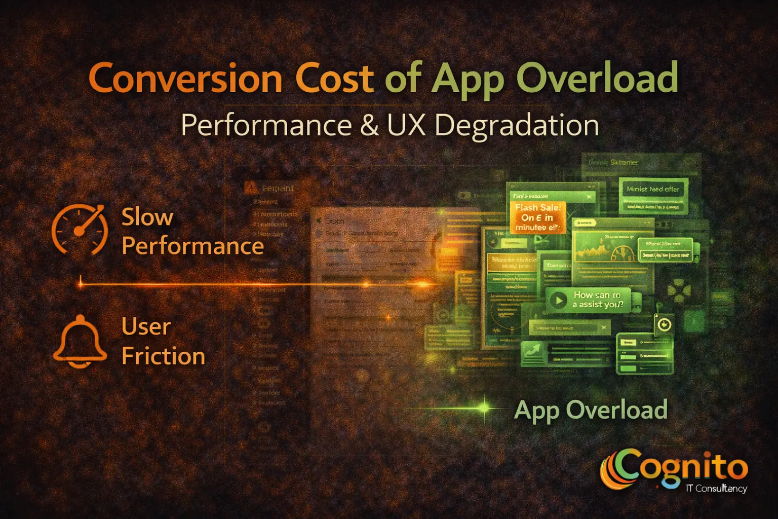 Landscape Cognito IT Consultancy graphic titled “The Hidden Conversion Cost of App Overload,” showing a slow-loading Shopify store with multiple app icons, performance warnings, and UX clutter elements.