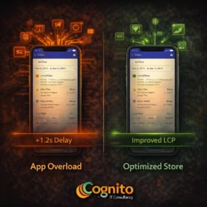 Dark Cognito IT Consultancy comparison graphic showing app overload versus optimized Shopify store, with multiple script icons, red slow loading bar, and a clean fast-loading mobile mockup.