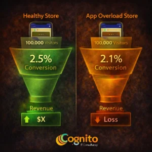 Dark Cognito IT Consultancy infographic showing a conversion funnel comparison with 100,000 visitors, a 2.5% vs 2.1% conversion rate, and highlighted revenue loss caused by app overload.