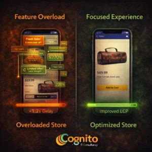 Dark Cognito IT Consultancy comparison graphic showing an overloaded Shopify mobile store with popups, countdown timers, and chat icons versus a clean, focused store layout with minimal distractions.