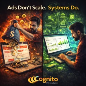Cognito IT Consultancy split-screen 1:1 graphic showing a founder wasting money on ads with red metrics on one side and building clean backend infrastructure with green growth metrics on the other.