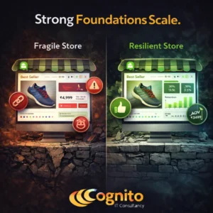 Dark Cognito IT Consultancy 1:1 graphic showing a split-screen Shopify storefront comparison between a fragile store with cracks and red warning icons and a resilient store with green performance dashboard metrics.