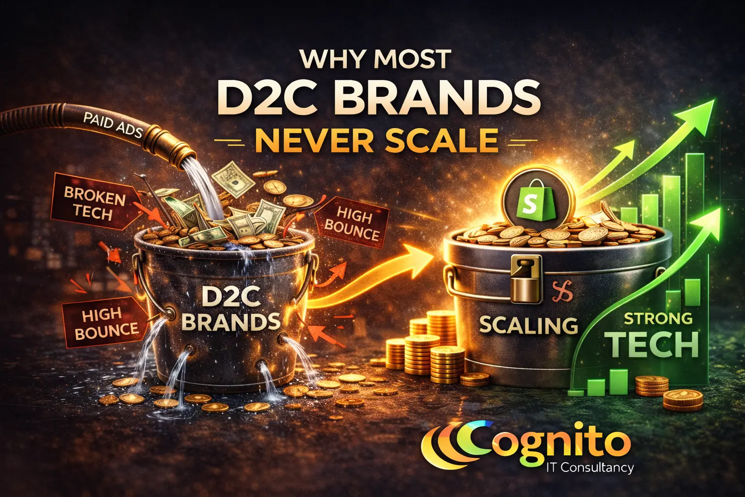 Professional dark Cognito IT Consultancy featured image titled “Why Most D2C Brands Never Scale,” contrasting a leaking D2C bucket with broken tech and high bounce versus a sealed scaling bucket supported by strong tech and growth indicators.