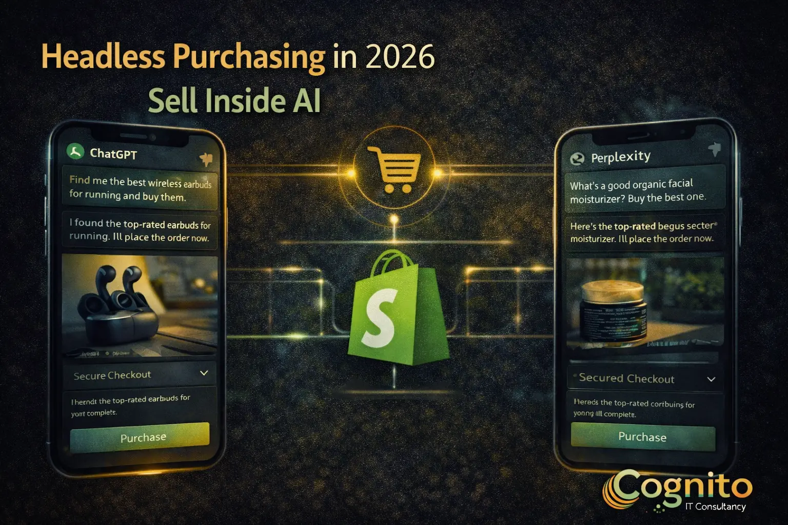 Landscape Cognito IT Consultancy featured image showing headless purchasing in 2026, with ChatGPT and Perplexity mobile mockups connected to Shopify checkout via AI-driven commerce.