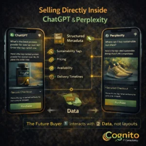 Dark Cognito IT Consultancy infographic showing direct selling inside ChatGPT and Perplexity, with mobile mockups, structured metadata icons, and the line “The Future Buyer interacts with Data, not layouts.”