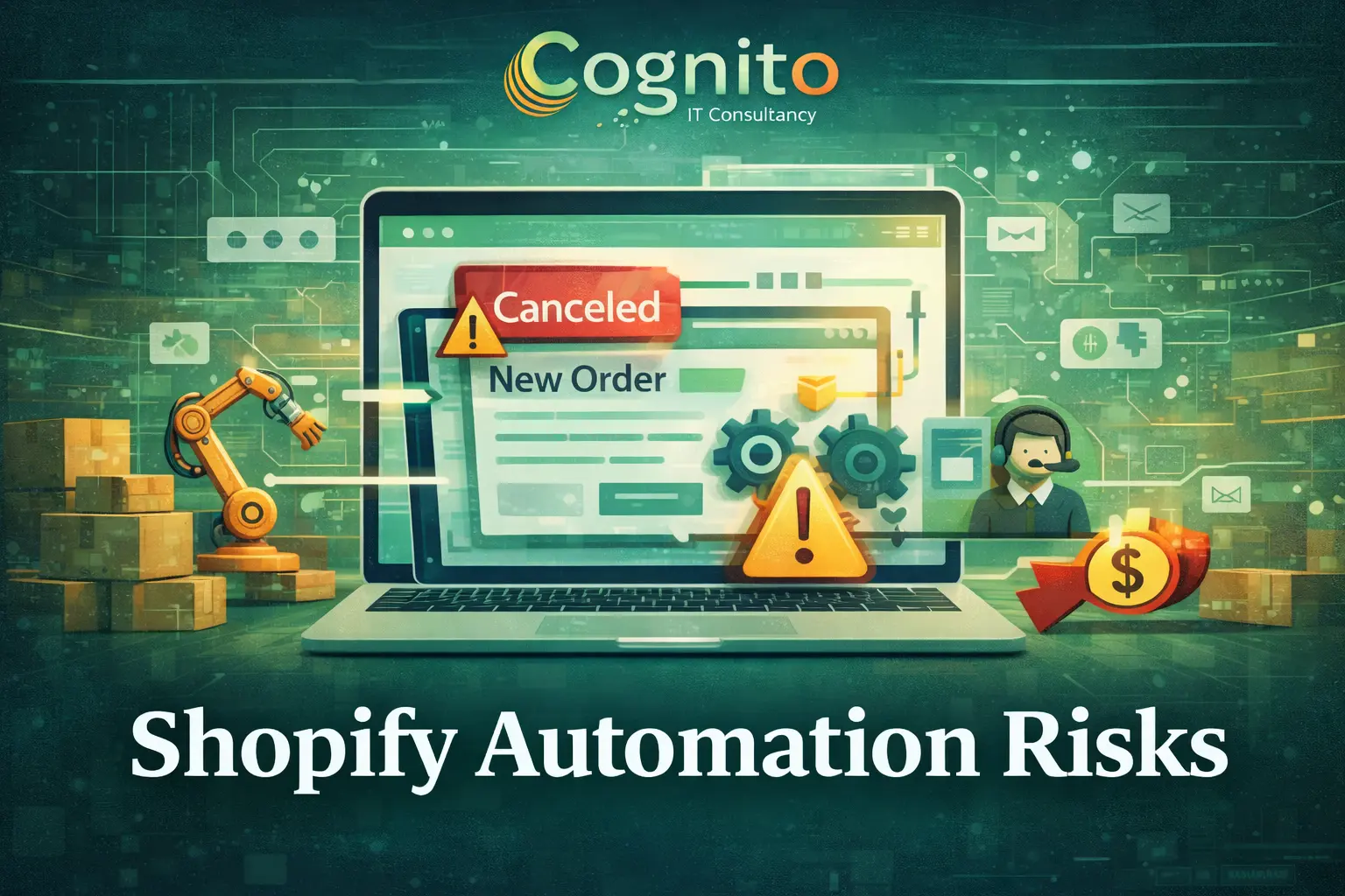 A digital illustration for Cognito IT Consultancy showing Shopify automation risks — a canceled order alert on a laptop surrounded by gears, a support agent, and automation icons.