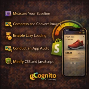 Dark Cognito IT Consultancy infographic showing a Shopify store speed optimization 2026 checklist with icons for PageSpeed measurement, image compression, lazy loading, app audit, CSS and JavaScript minification, and a mobile storefront mockup featuring a watch product.