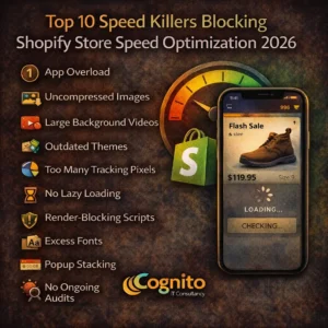 Dark Cognito IT Consultancy infographic showing the top 10 speed killers blocking Shopify store speed optimization 2026, featuring icons for app overload, uncompressed images, tracking pixels, lazy loading issues, and a slow mobile storefront mockup.