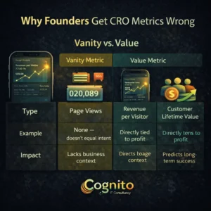 Dark Cognito IT Consultancy infographic titled “Why Founders Get CRO Metrics Wrong,” comparing vanity vs. value metrics with icons for page views, revenue per visitor, and customer lifetime value.