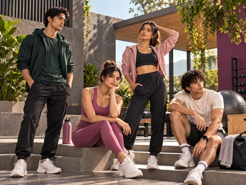 Two women and two men in activewear on steps: leggings, joggers, hoodies and tees