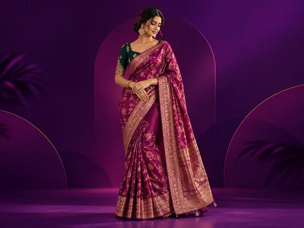 Woman in a magenta and gold silk saree against a purple arched backdrop