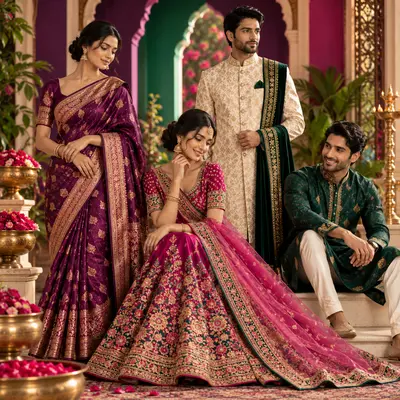 Two women and two men in traditional Indian wear: a saree, a pink lehenga, a sherwani and a green kurta set