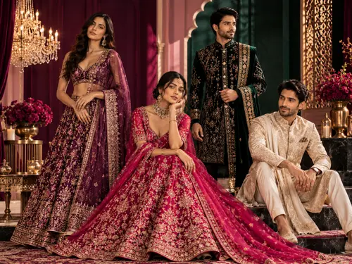Two women and two men in bridal and occasion wear, with a red lehenga and embroidered sherwanis