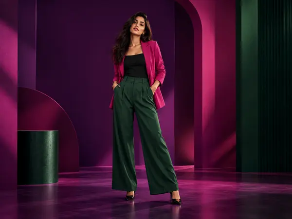 Woman in a magenta blazer and green wide-leg trousers against a purple backdrop