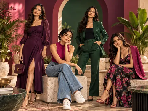 Four women in contemporary western outfits seated and standing around stone blocks